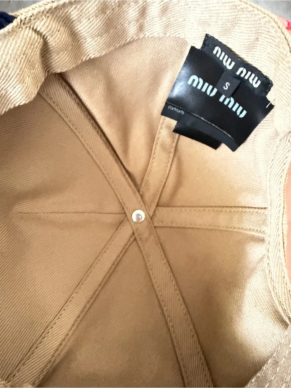 Miu Miu Beige and Navy Two-Tone Logo Baseball Cap